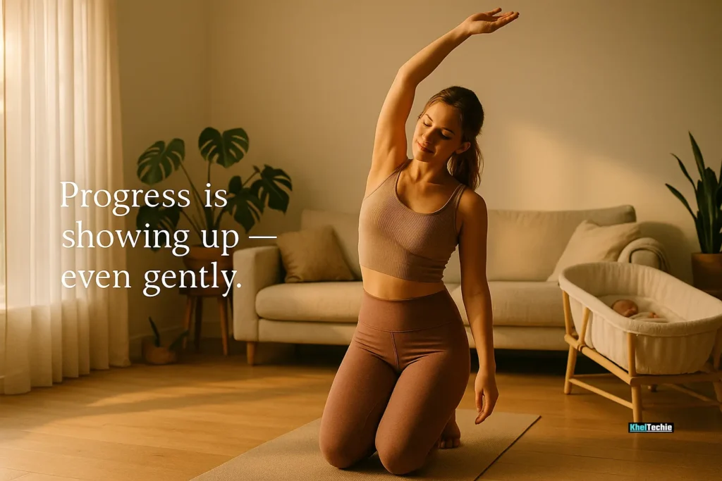 Happy mom stretching with baby in sunset-lit living room