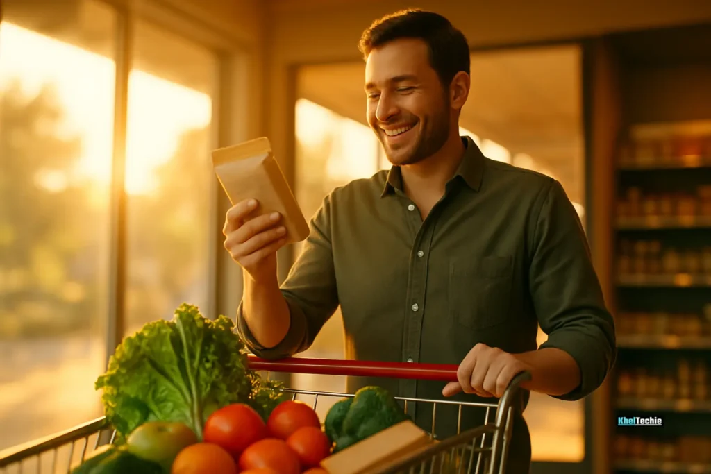 Happy shopper pushing cart with healthy foods, reading last food label before checkout
