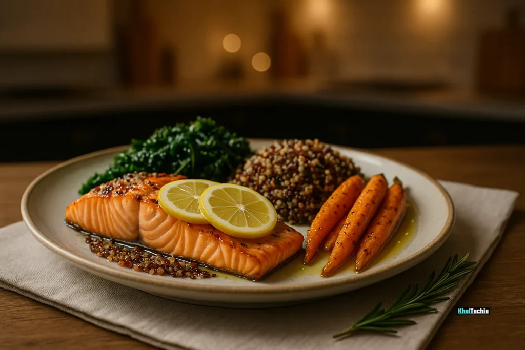 Healthy anti-inflammatory dinner plate with salmon, quinoa, and greens