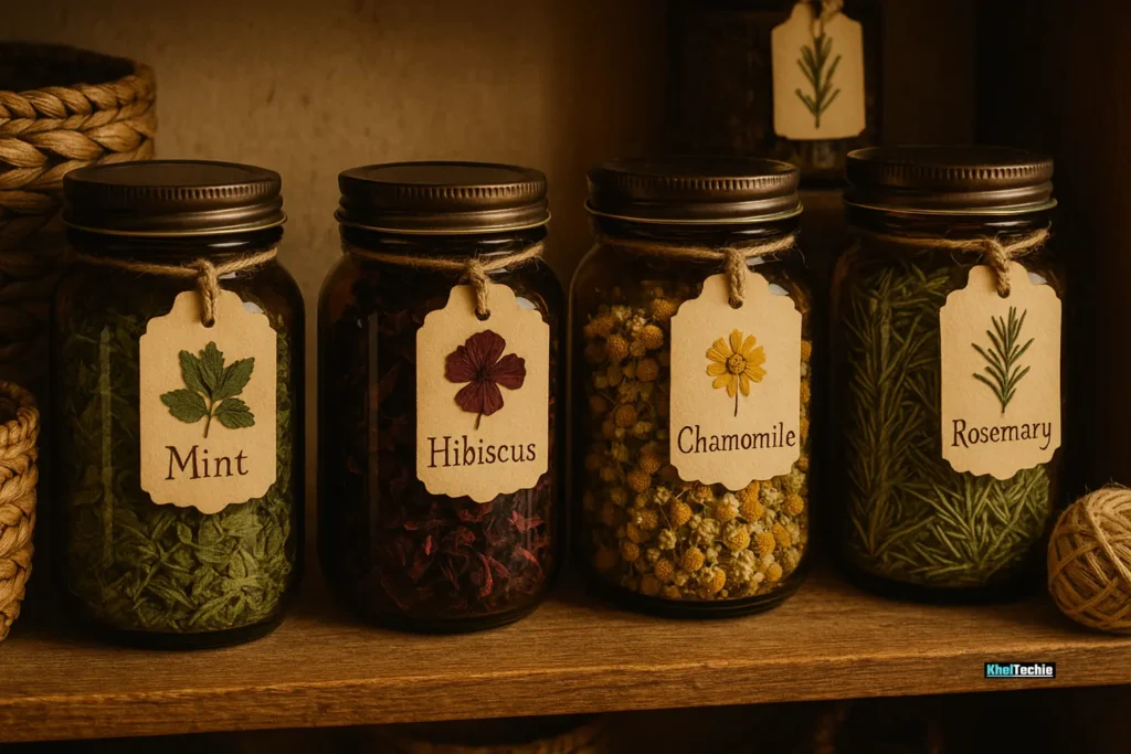 Herbal tea pantry with labeled glass jars and dried herbs