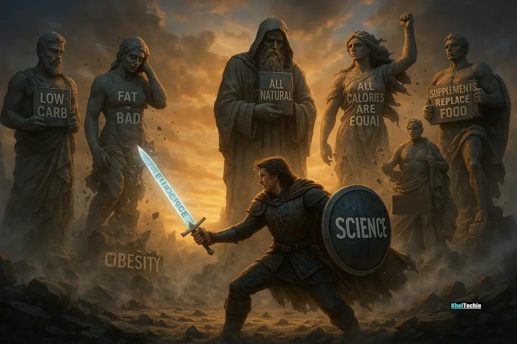 Hero figure destroying statues representing top 7 nutrition myths