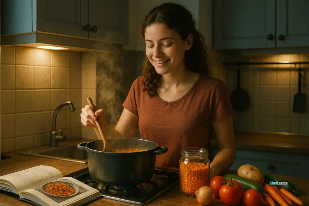 Home cook preparing healthy one-pot meal in a cozy budget-friendly kitchen