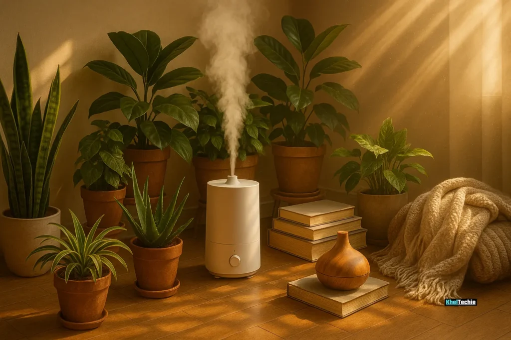 Indoor clean air plant zone setup in cozy corner
