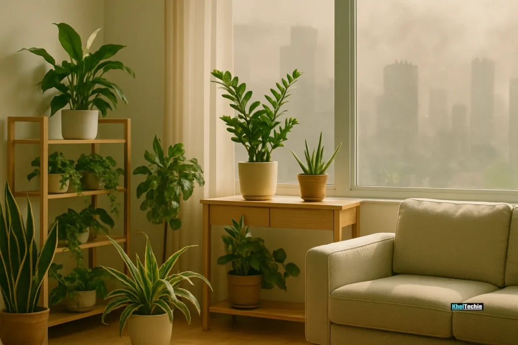 Indoor plants improving air quality inside modern apartment