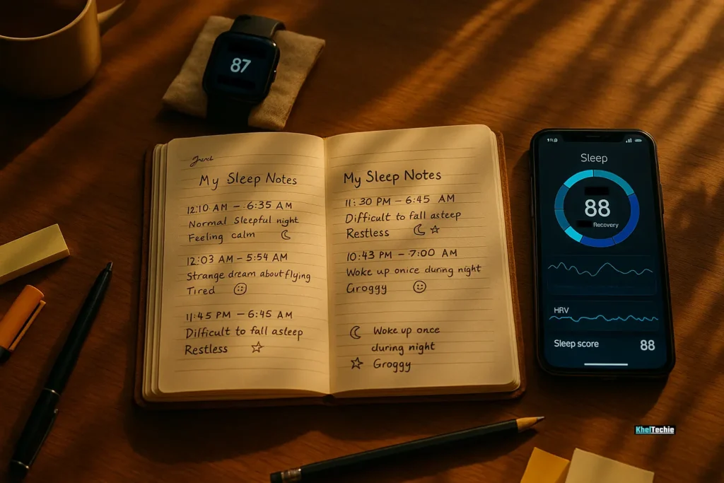 Journal and smartwatch beside sleep tracking data app, captured in warm, inspiring tones