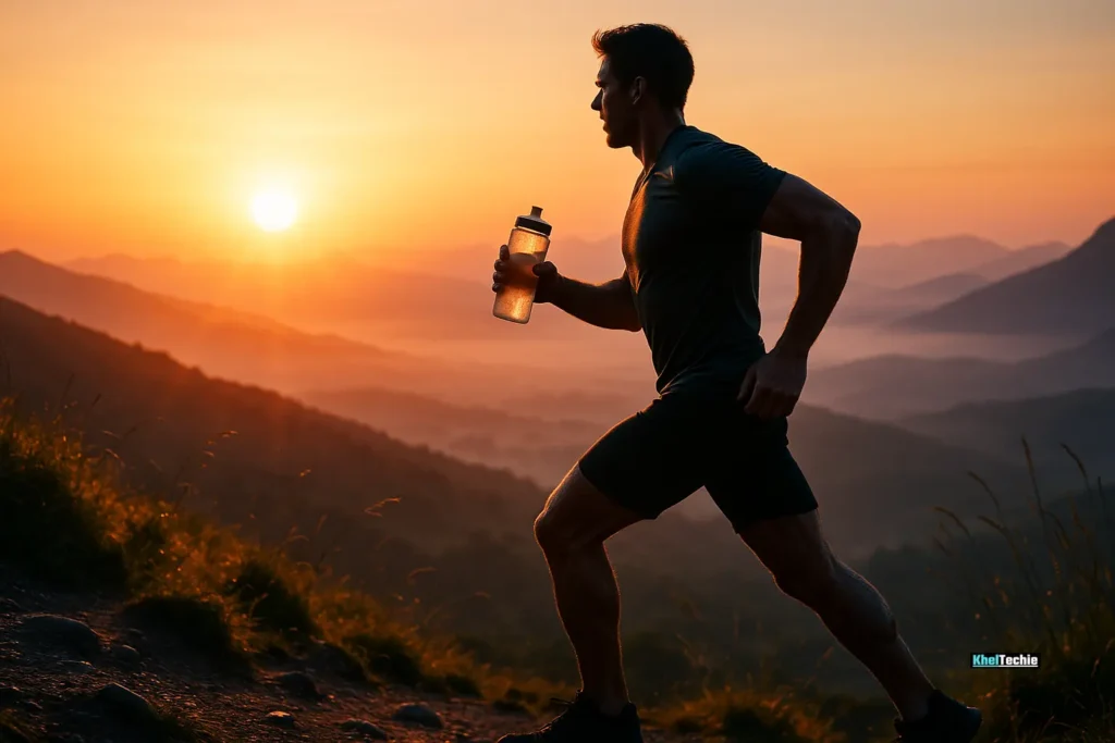 Lone mountain runner holding hydration bottle during sunrise trail run