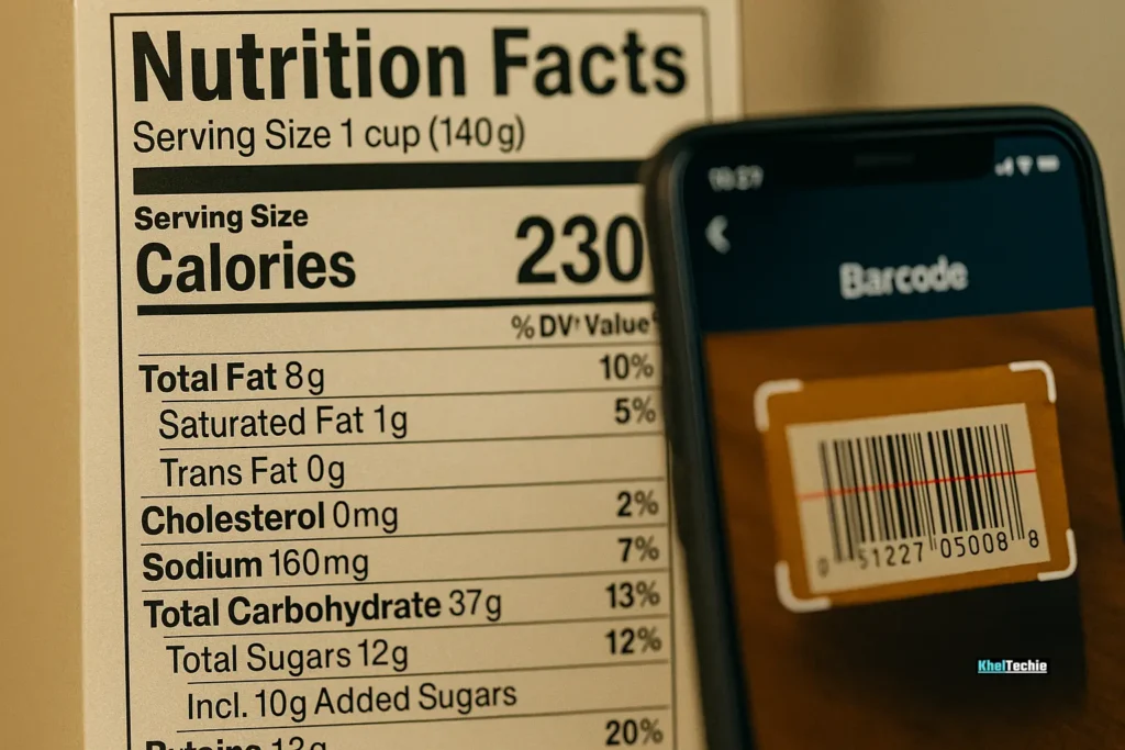 Macro photo of a food nutrition label being analyzed with a barcode scanner app