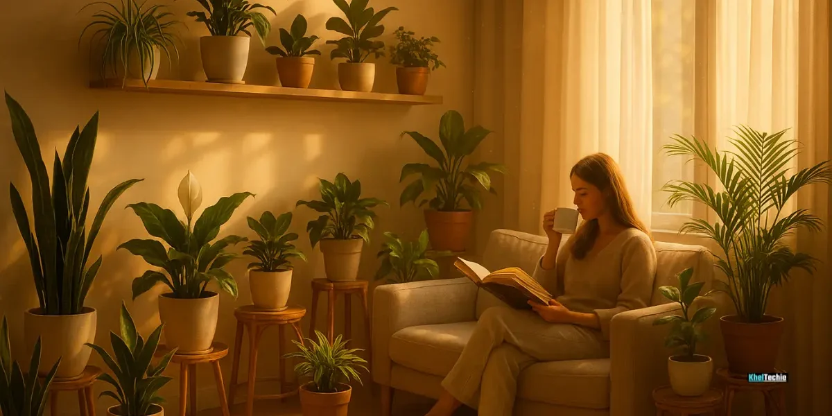 Modern living room with air-purifying indoor plants and cozy sunlight