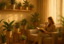 Modern living room with air-purifying indoor plants and cozy sunlight