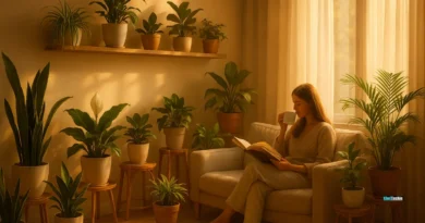 Modern living room with air-purifying indoor plants and cozy sunlight