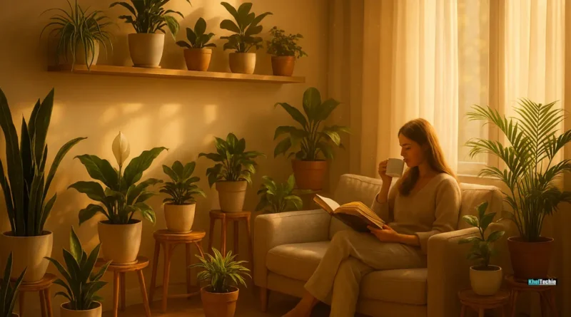 Modern living room with air-purifying indoor plants and cozy sunlight