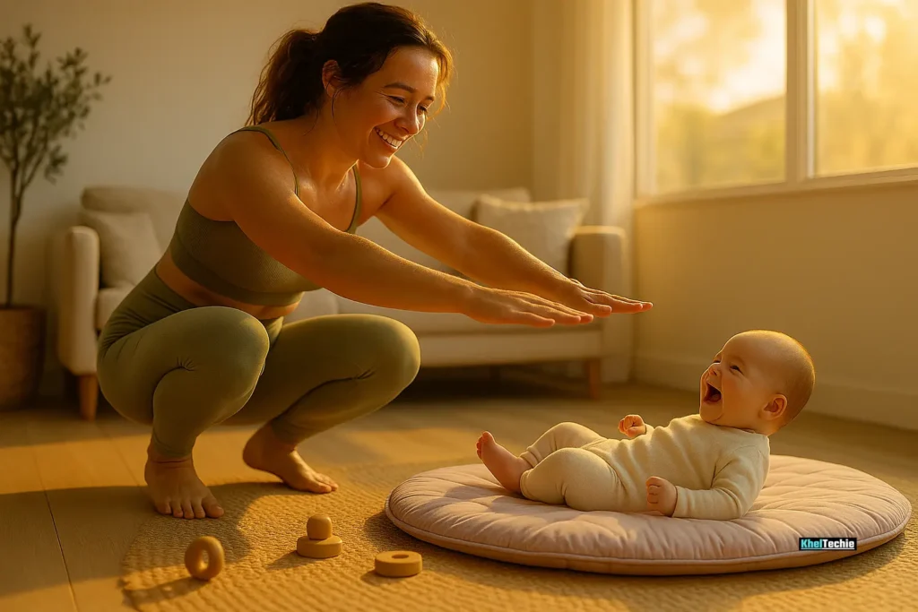 Mom doing squats at home while baby plays nearby