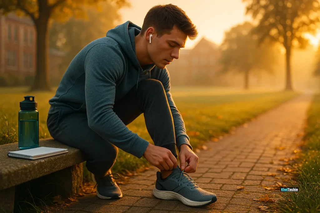 Motivated college student tying shoelaces before a sunrise jog on campus, symbolizing commitment to realistic and achievable fitness goals with a structured routine