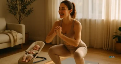 New mom doing yoga at home in sunlit room with baby nearby