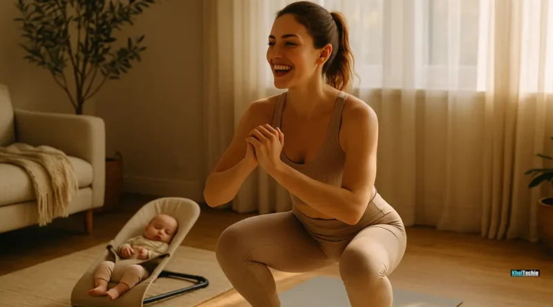 New mom doing yoga at home in sunlit room with baby nearby