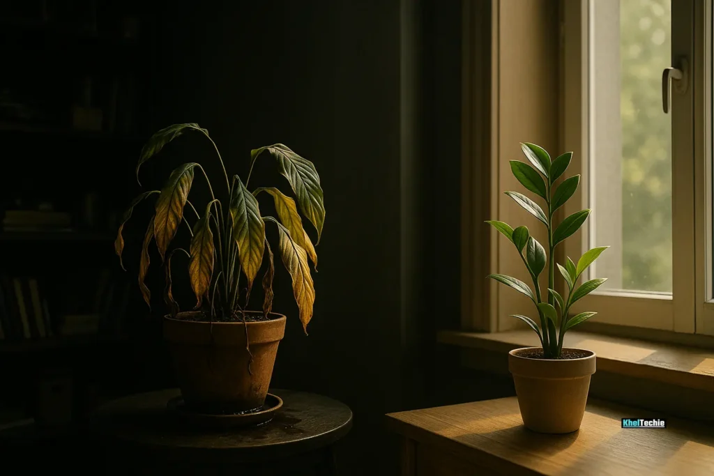 Overwatered dying plant in low light vs. healthy plant in sunlight