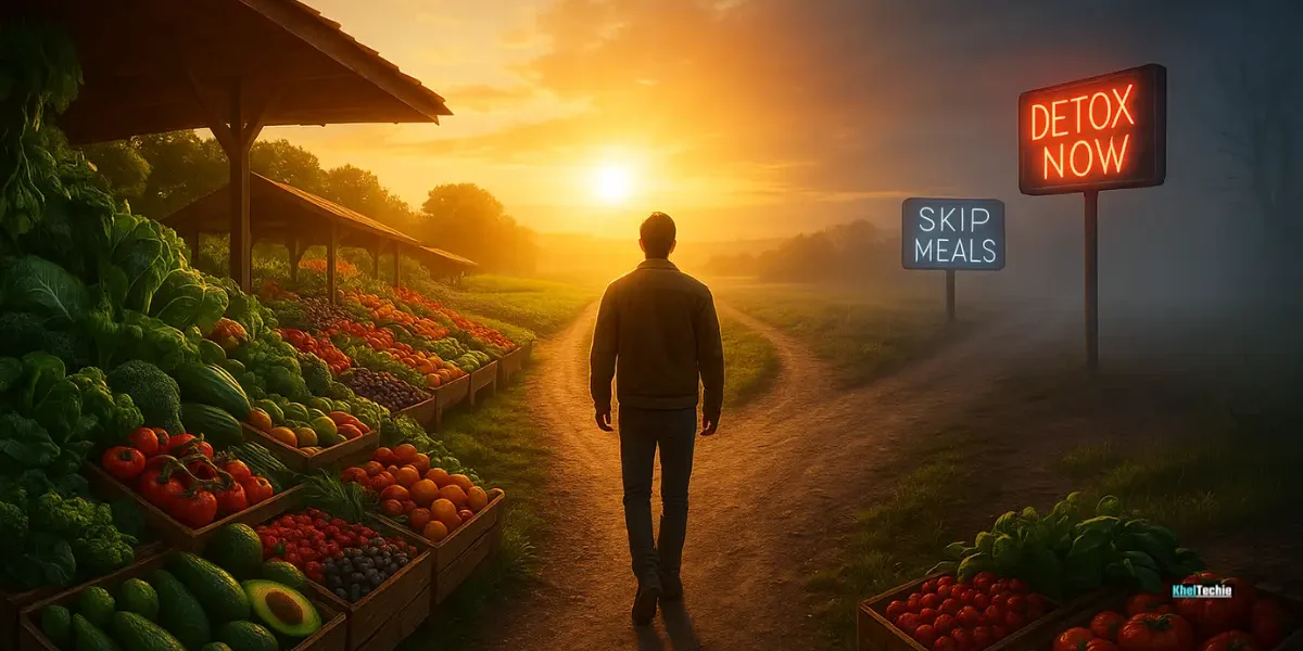 Person choosing whole foods over diet myths at a crossroads in golden hour light