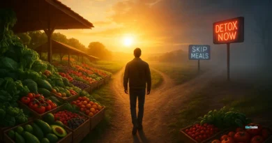 Person choosing whole foods over diet myths at a crossroads in golden hour light