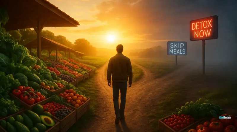 Person choosing whole foods over diet myths at a crossroads in golden hour light