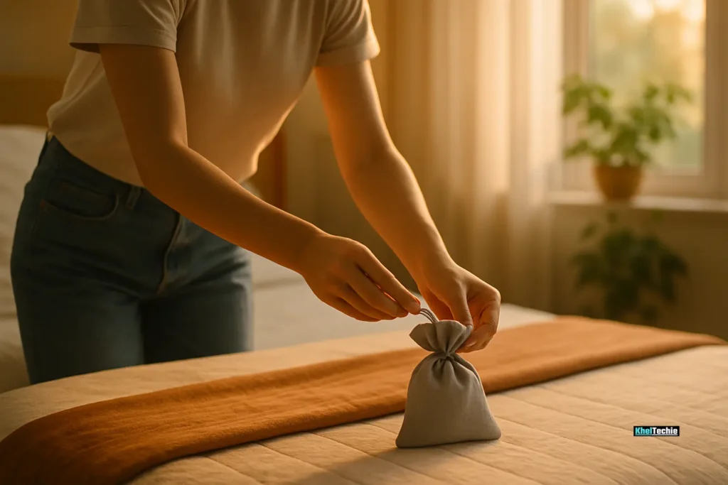 Person creating a sleep ritual in a peaceful, naturally lit bedroom