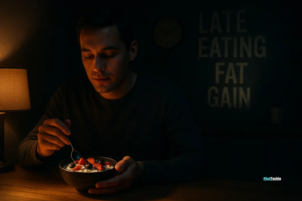 Person eating healthy snack at night while diet myth fades in background