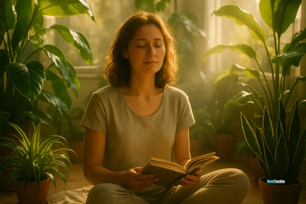 Person relaxing in plant-filled room with clean, sunlit air
