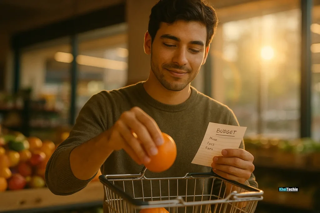Person shopping for healthy food with a budget list and hopeful mindset