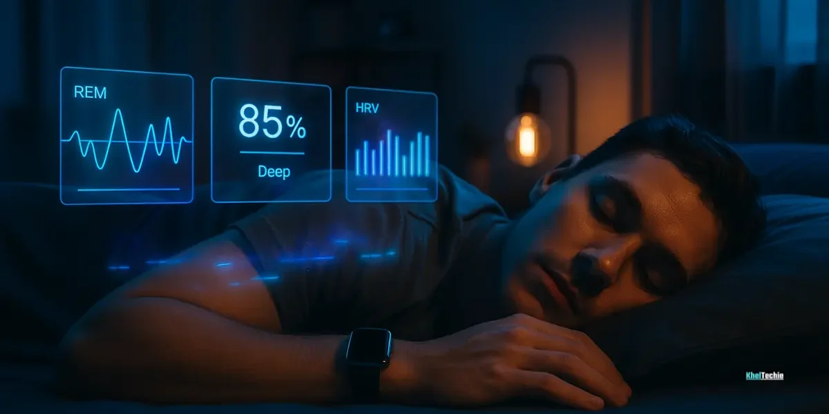 Person sleeping with smartwatch and smart ring, futuristic sleep data projection in a dim-lit bedroom