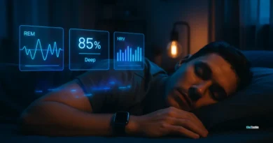 Person sleeping with smartwatch and smart ring, futuristic sleep data projection in a dim-lit bedroom
