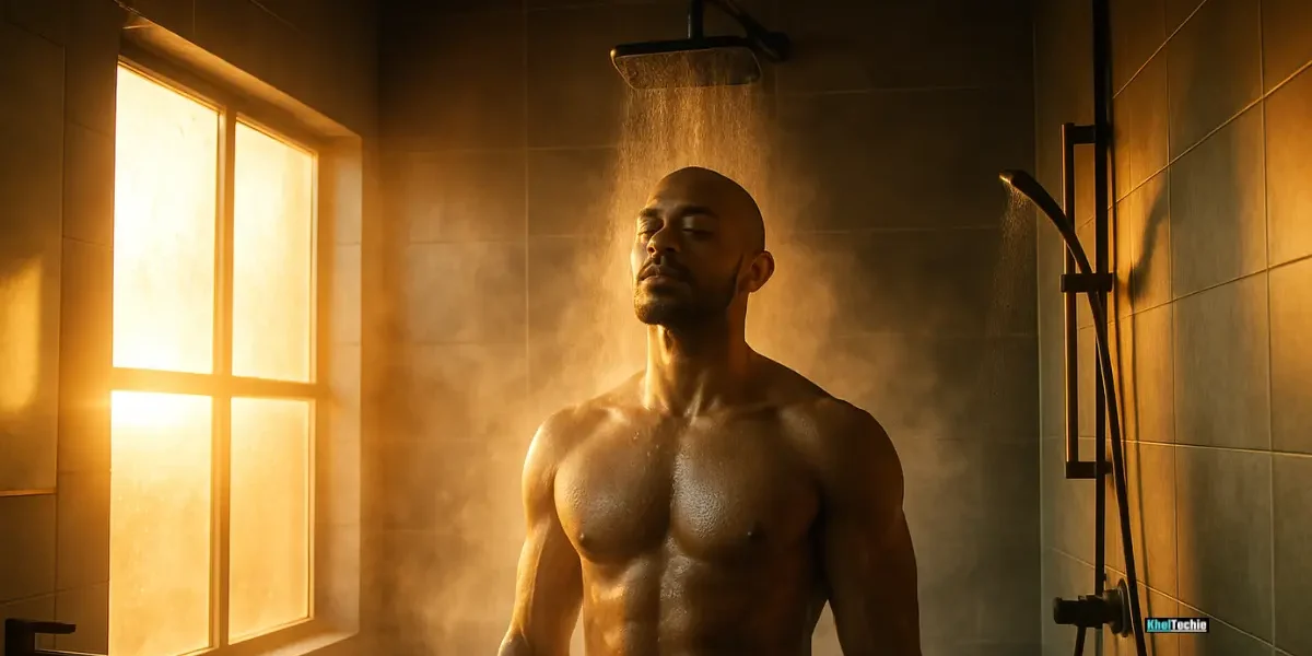 Person standing calmly under a cold rainfall shower at sunrise, mist rising with natural light streaming through a fogged window in a minimalist bathroom
