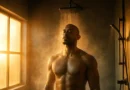 Person standing calmly under a cold rainfall shower at sunrise, mist rising with natural light streaming through a fogged window in a minimalist bathroom