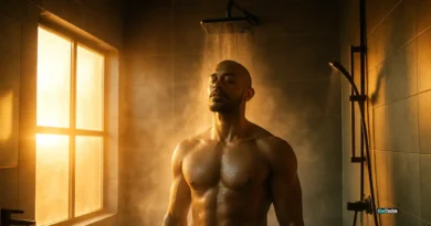 Person standing calmly under a cold rainfall shower at sunrise, mist rising with natural light streaming through a fogged window in a minimalist bathroom