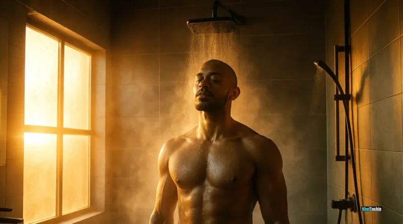 Person standing calmly under a cold rainfall shower at sunrise, mist rising with natural light streaming through a fogged window in a minimalist bathroom
