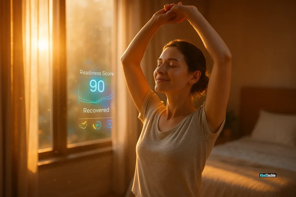 Person starting morning strong with high readiness score from wearable, golden sunlight background