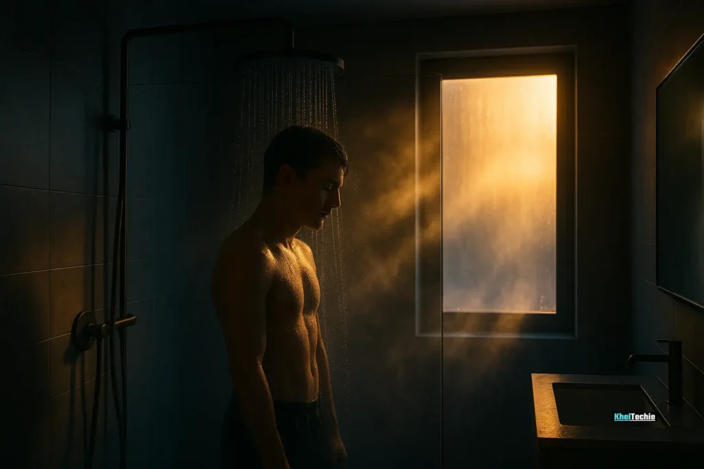 Person taking cold shower in modern bathroom with sunrise light and misty glass
