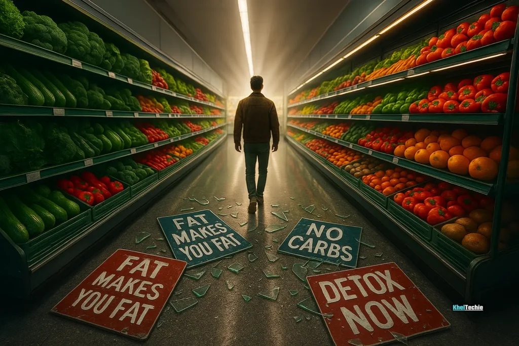Person walking confidently in grocery aisle filled with healthy food choices
