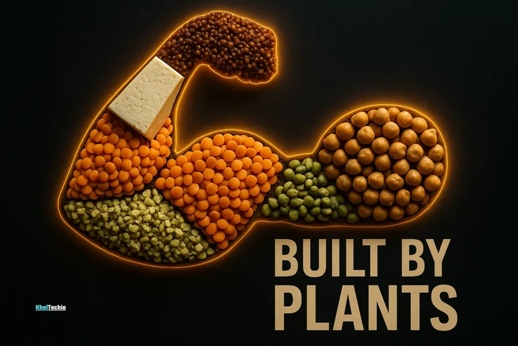 Plant protein foods forming athlete’s bicep silhouette