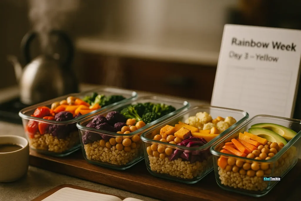 Rainbow batch-prepped meal containers with planner in the background