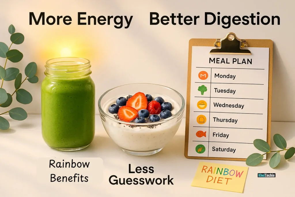 Rainbow diet benefits layout with smoothie, gut-healthy bowl, and weekly meal planner