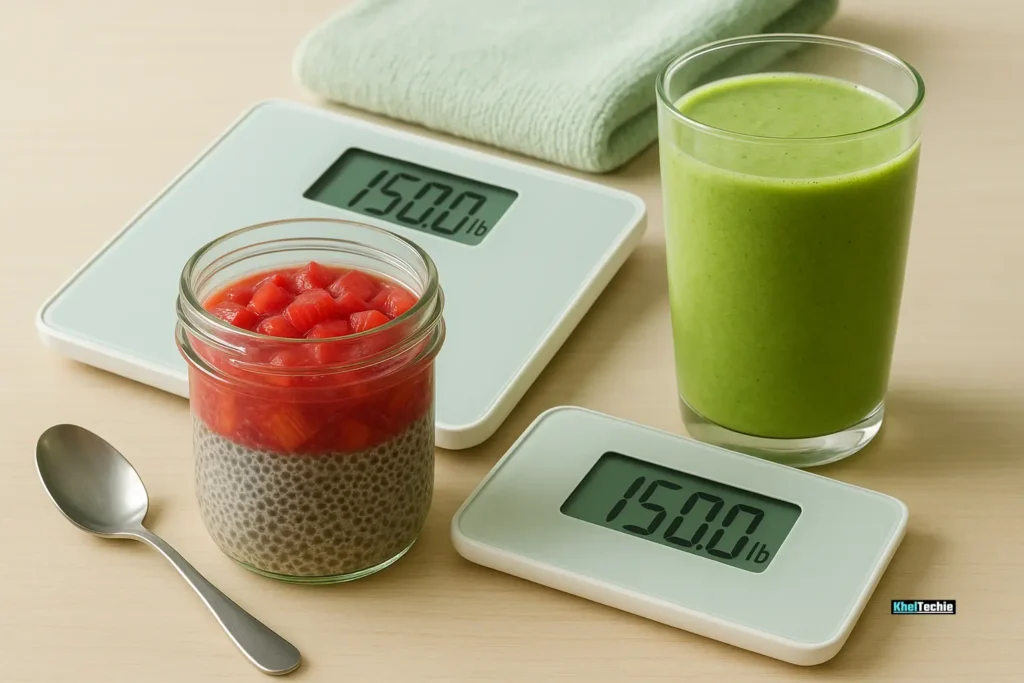 Rhubarb chia pudding and smoothie with scale for weight control