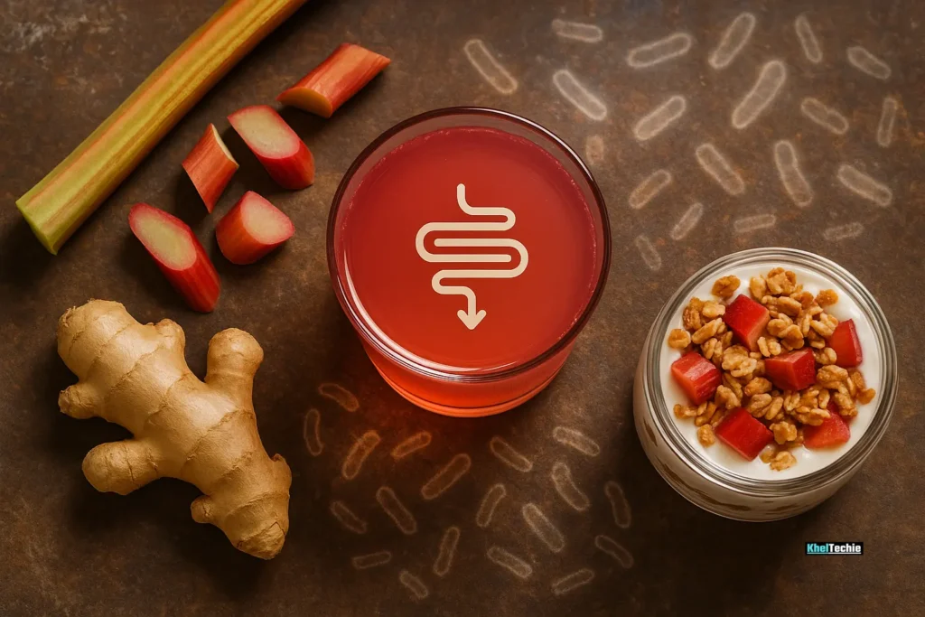 Rhubarb digestive drink with yogurt and gut-healthy ingredients