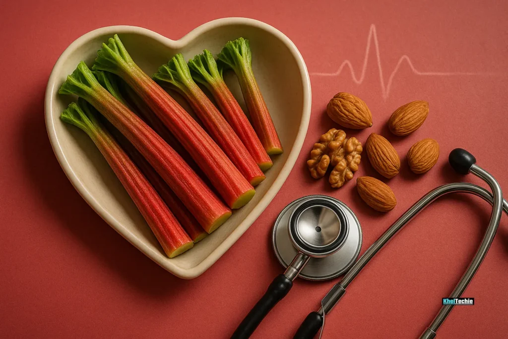 Rhubarb in heart bowl with heart-health props and ECG graphic