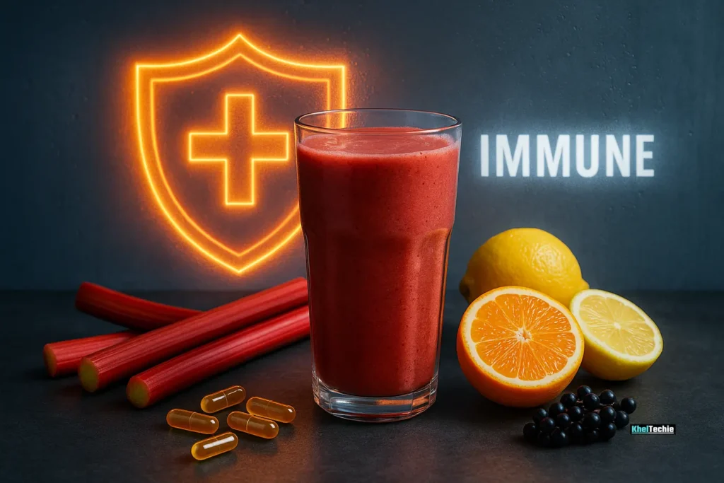 Rhubarb smoothie with citrus and immune-boosting supplements