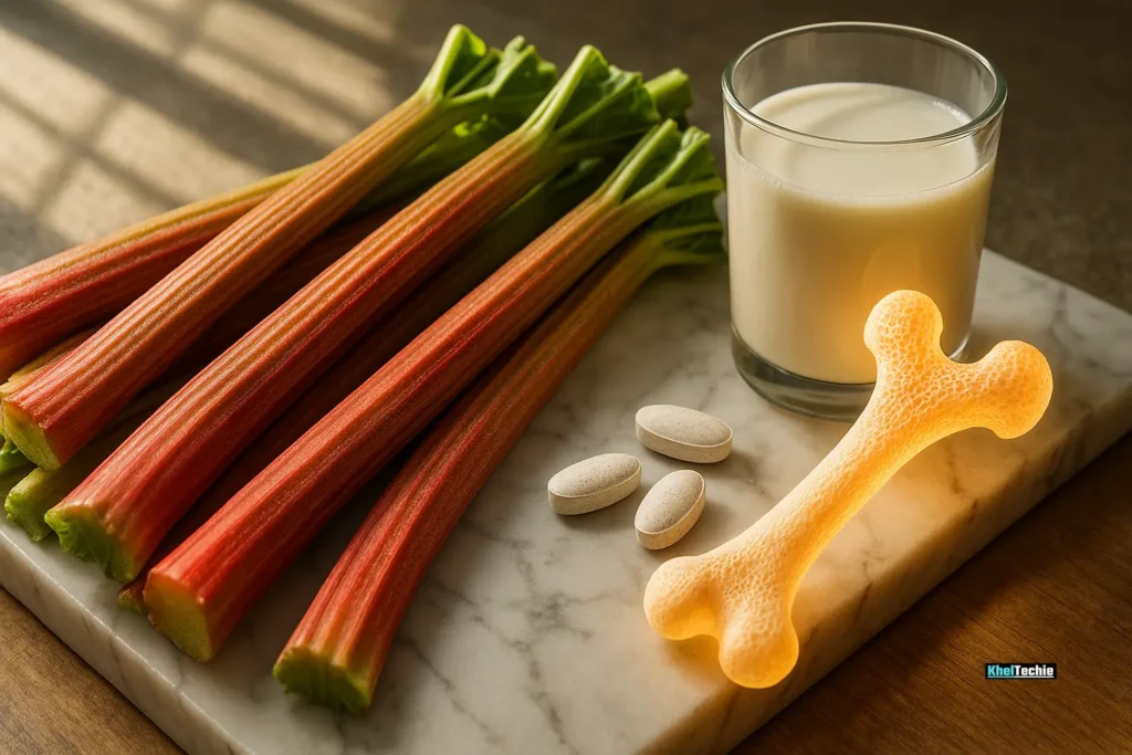 Rhubarb with milk and bone model showing calcium-rich benefits