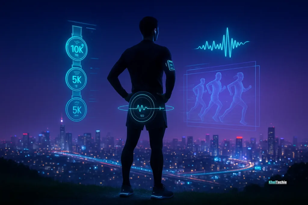 Runner on hill at dusk with AR-style floating visuals of advanced 5K training ideas