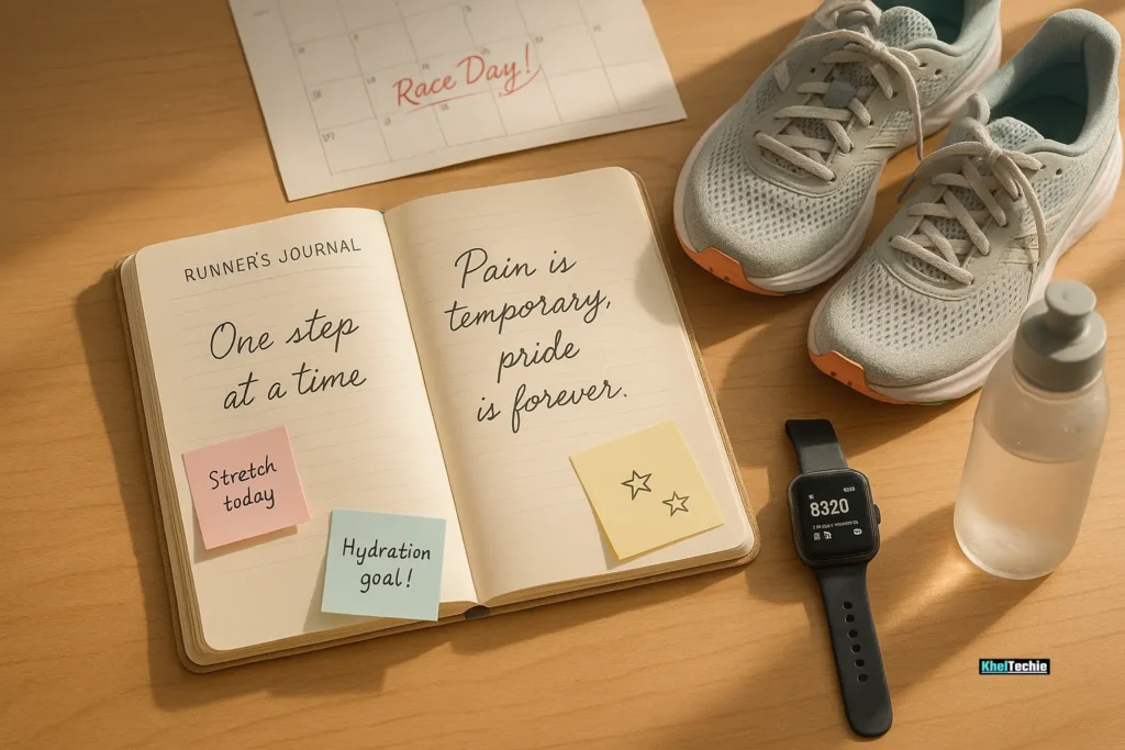 Runner’s journal and gear laid out with SMART goal sticky notes and 5K plan