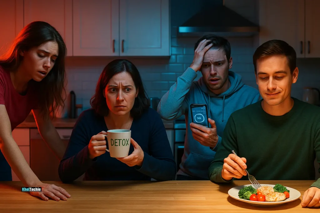 Scene showing people making common nutrition mistakes with trends