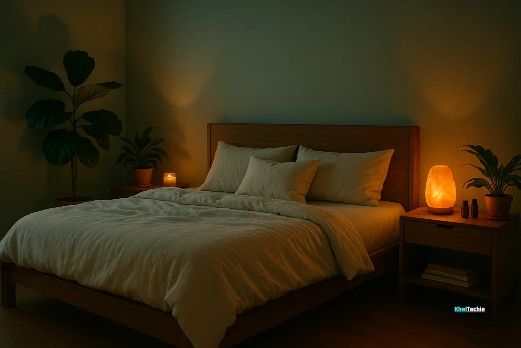 Serene bedroom with calming decor and soft lighting, designed as a sleep sanctuary