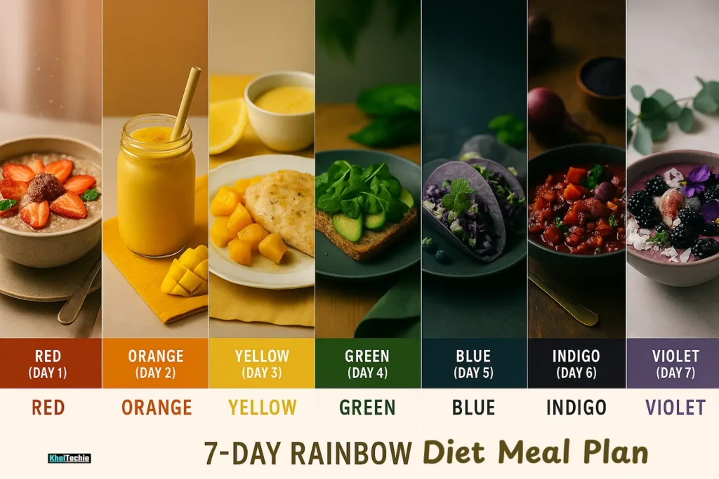 Seven-day colorful meal plan with visually distinct rainbow meals for each day
