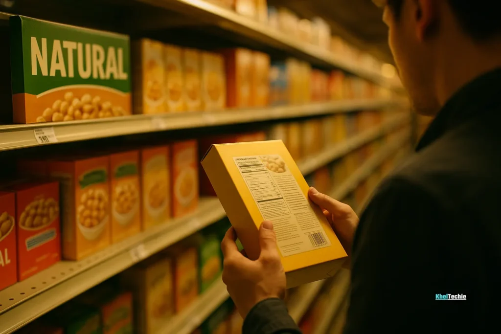 Shopper turning package to check nutrition label in supermarket with misleading front claims